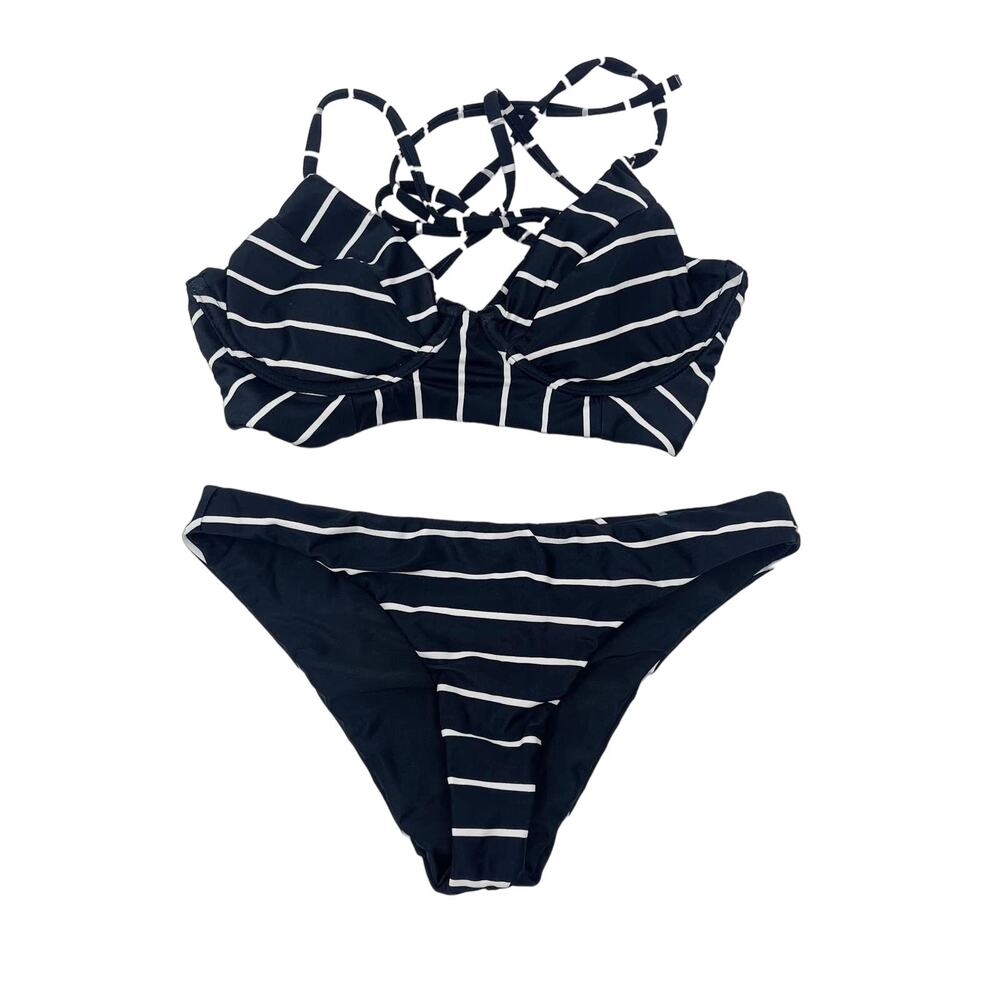Black White XS Striped Bikini Set Tie Back Triangle Swimsuit Hipster Bottom